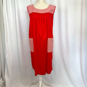 Adorable Vintage House Dress Red Orange Sleeveless Pockets M - L Loose Fit Midi